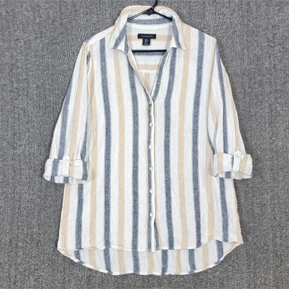 Tahari Striped Button-Up Shirt in Cream, Blue & Tan
